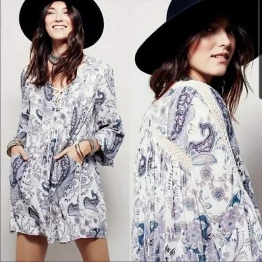 Free People Rain or Shine Peasant Lace Up Dress S Purple Paisley Boho Crochet - Picture 1 of 13